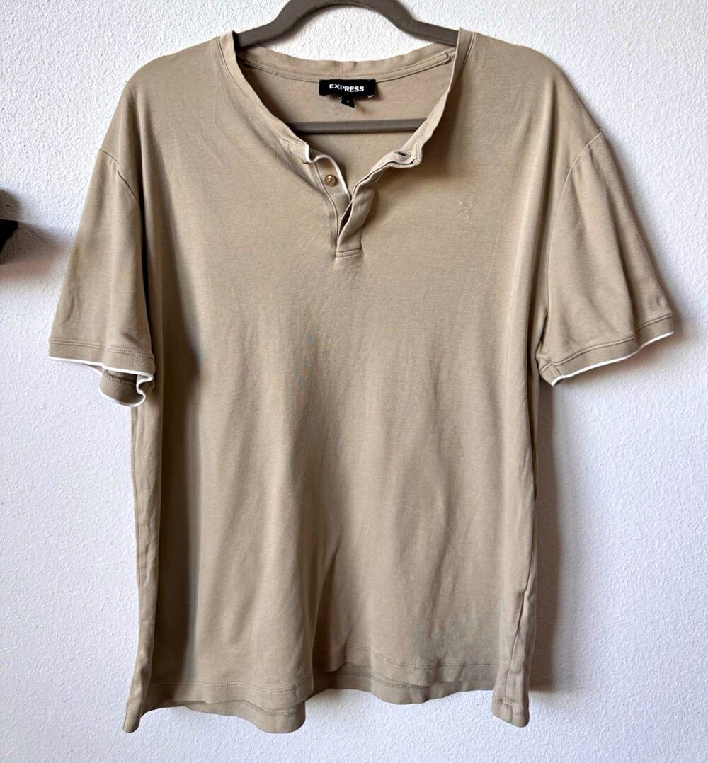 Express Men's Tan Henley Shirt Size M Long Sleeve Casual Cotton Tan